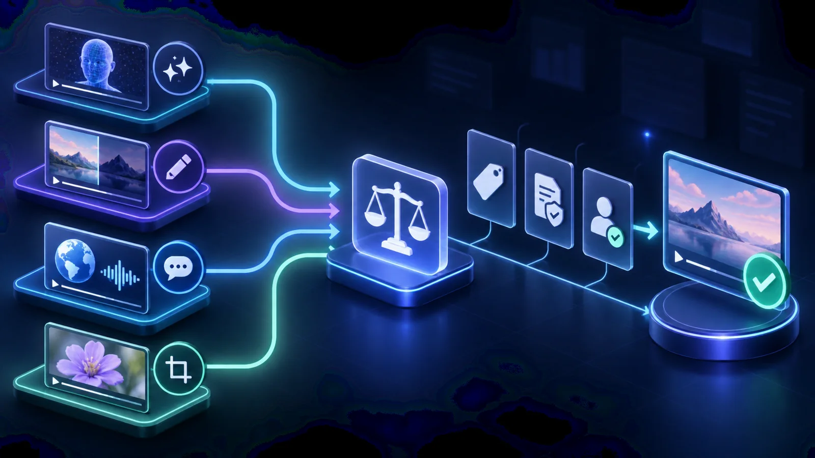 Fully generated, substantially altered, localized, and lightly edited video entering a disclosure decision