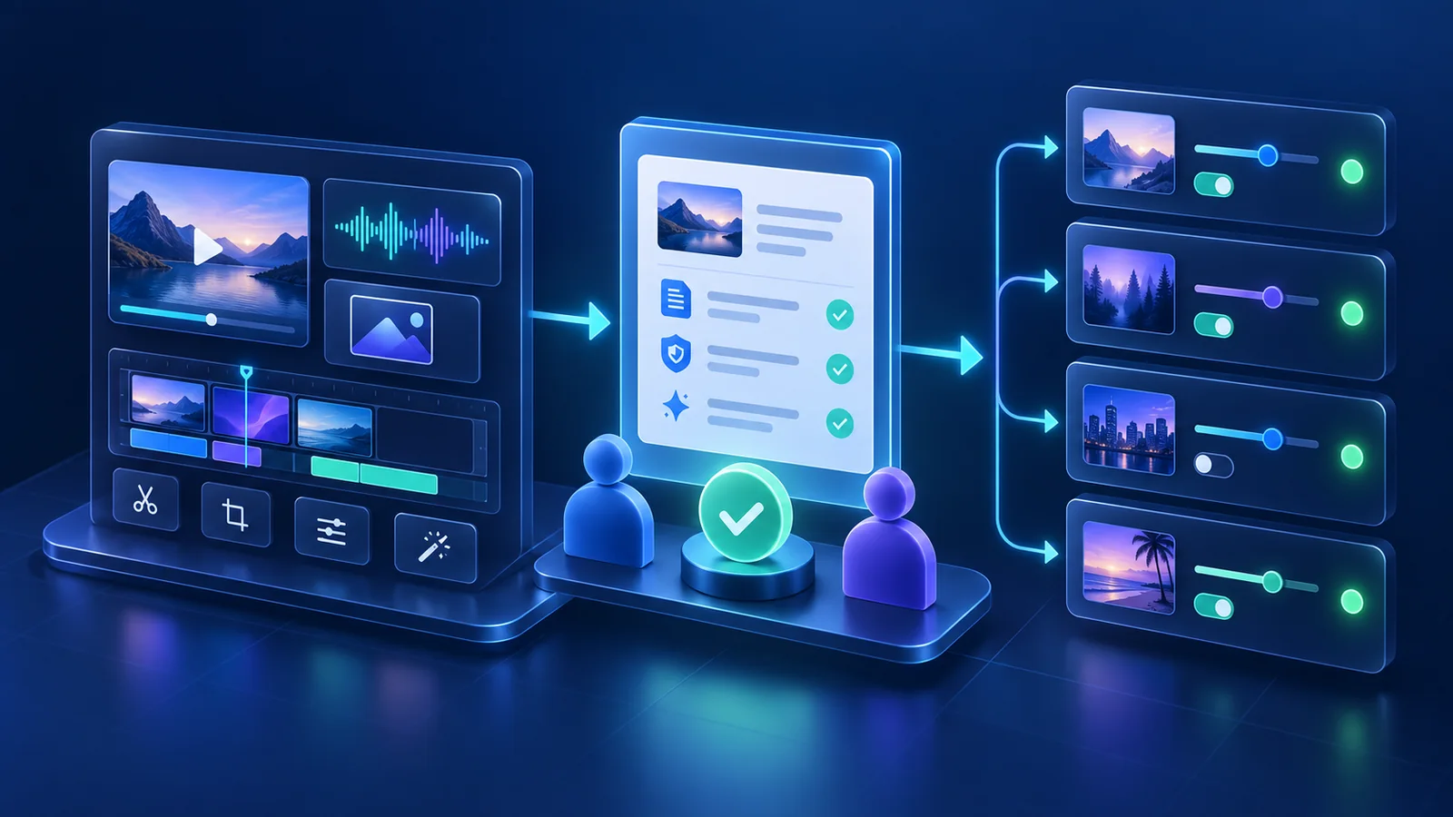 AI video production record, human confirmation, and destination-specific publishing workflow