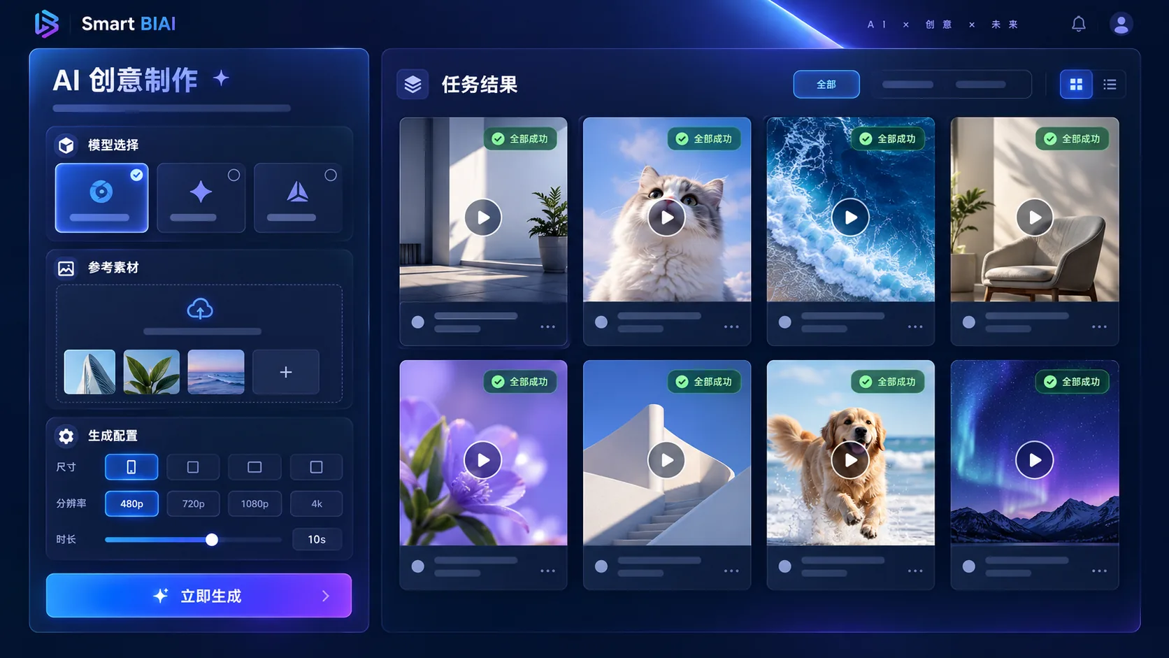 选择模型、参考素材、画面比例、分辨率和时长的 AI 创意制作工作台示意图