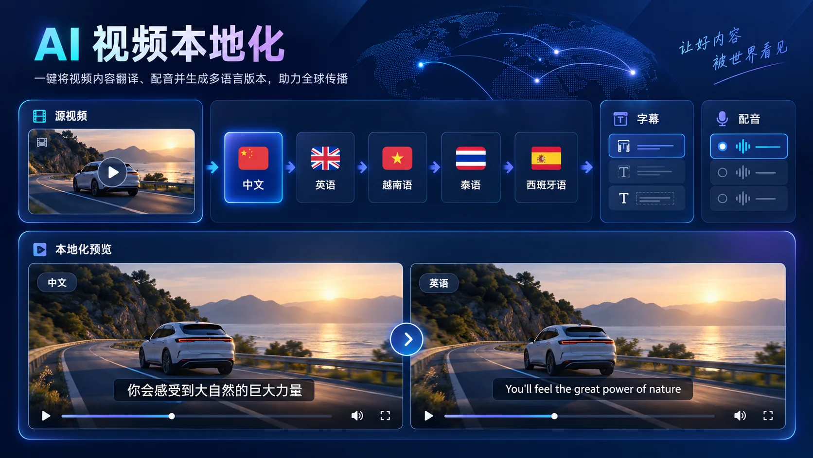 把中文汽车视频本地化为英语越南语泰语和西班牙语版本的界面示意图