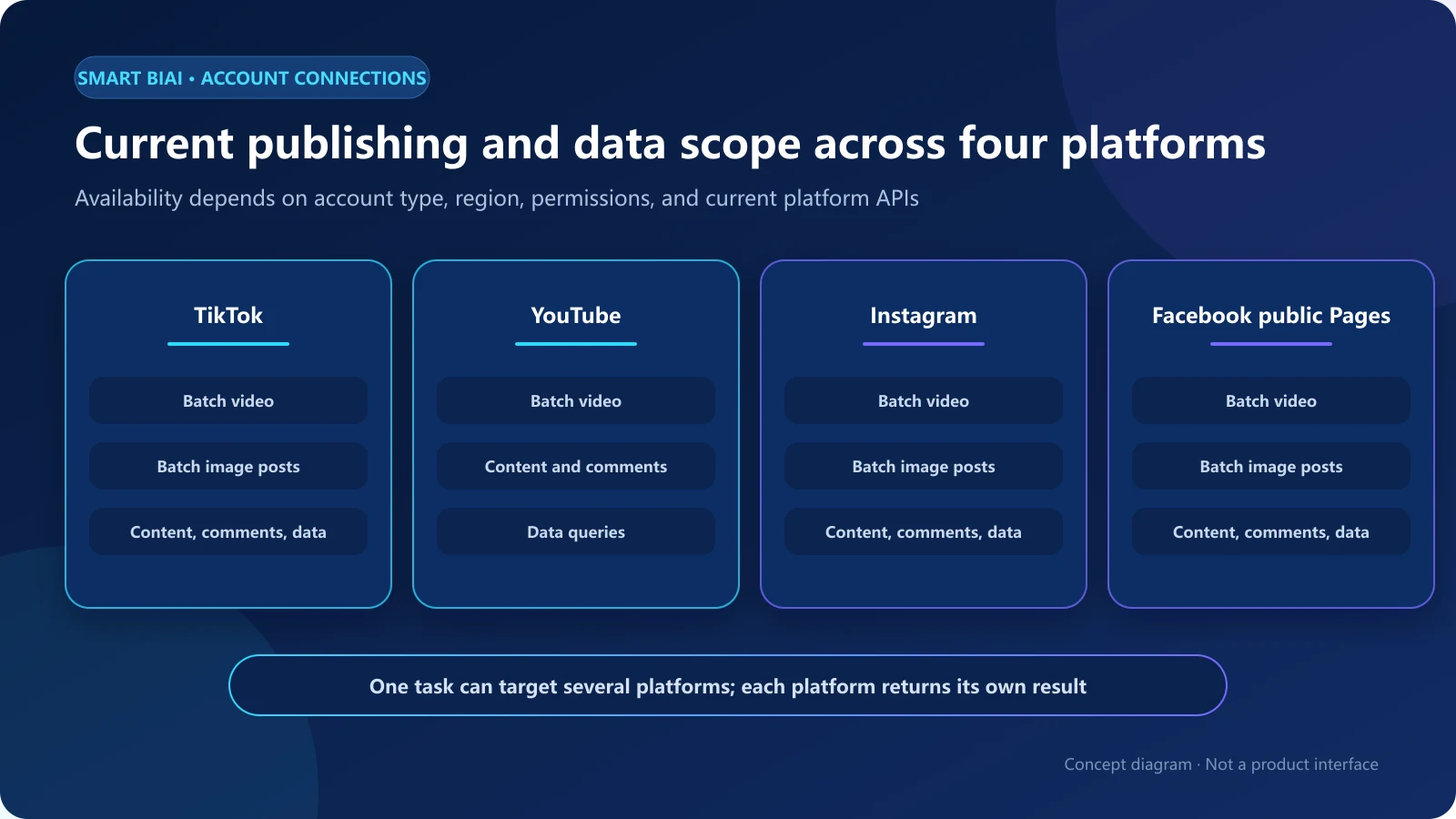 Publishing and data capabilities across TikTok, YouTube, Instagram, and Facebook public Pages