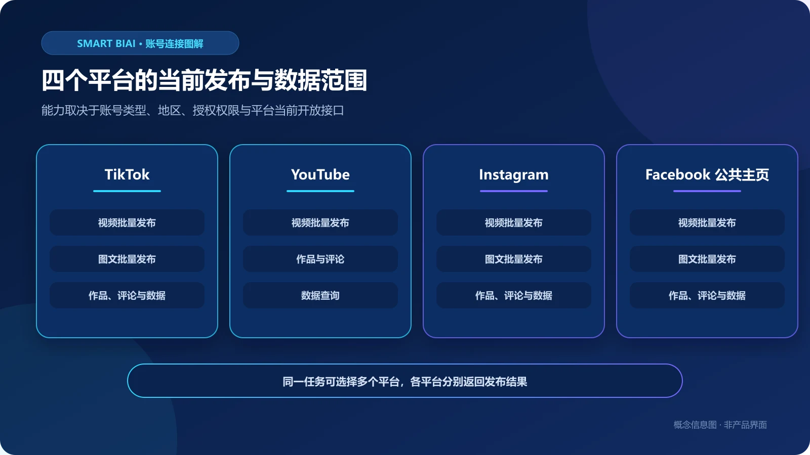 TikTok、YouTube、Instagram 与 Facebook 公共主页发布和数据能力对比图