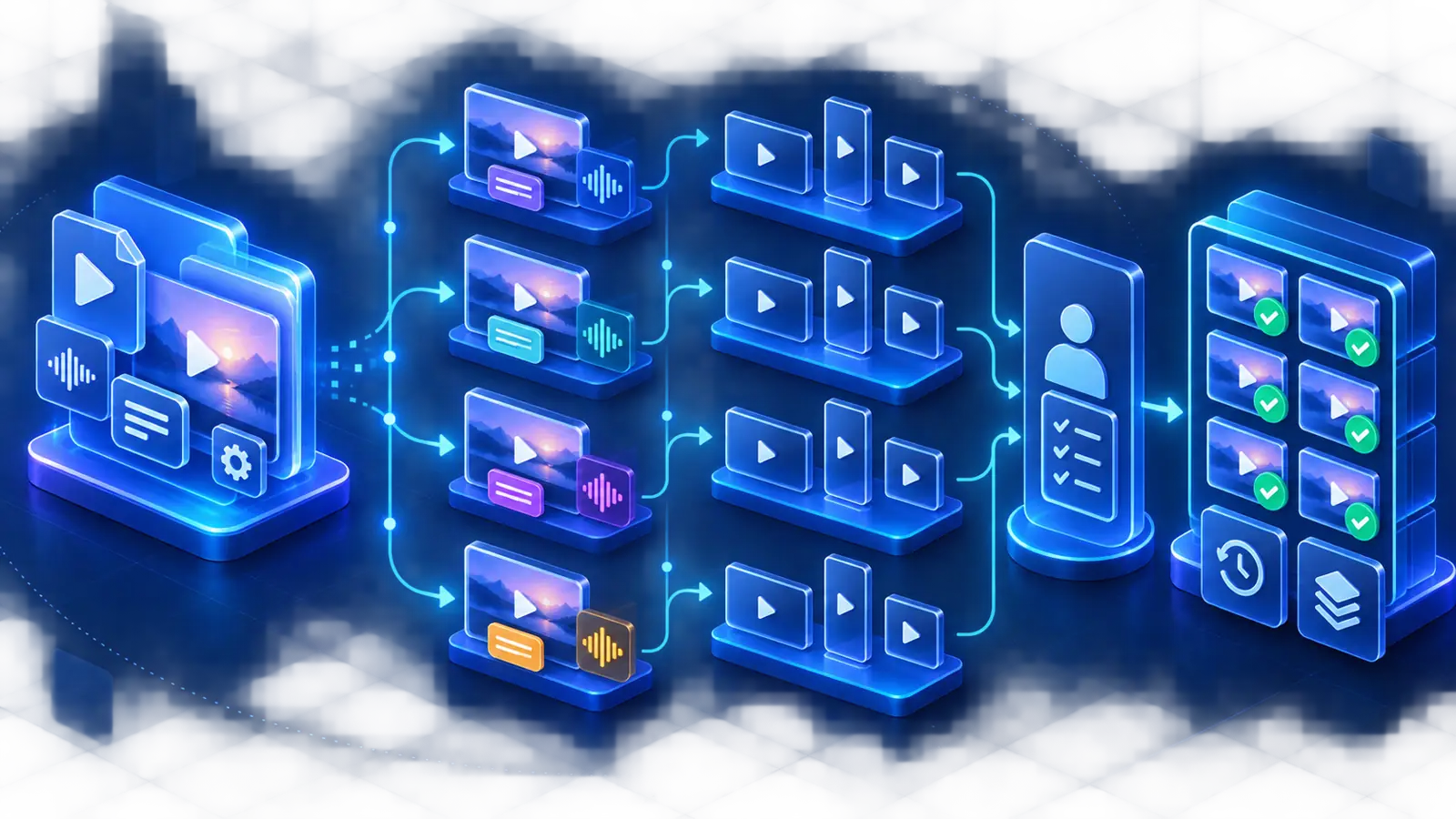 Source asset branching into multilingual market and platform versions before review and archiving